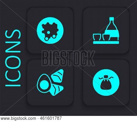 Set Wonton, Rice In A Bowl, Bottle Of Sake And Chicken Egg With Vegerables Icon. Black Square Button