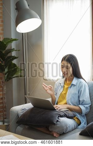 Happy Young Girl Having Video Call On Laptop, Studying Online, Communicating With Friends, Consultin