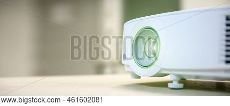Close-up Computer Projector On Table Boardroom Or Meeting Room Technology Equipment Of Visual Or Vis