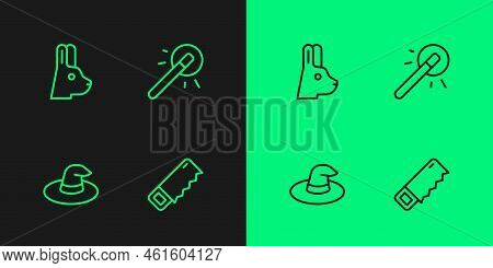 Set Line Hand Saw, Witch Hat, Rabbit With Ears And Magic Wand Icon. Vector