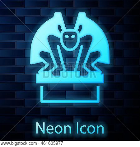 Glowing Neon Gargoyle On Pedestal Icon Isolated On Brick Wall Background. Vector