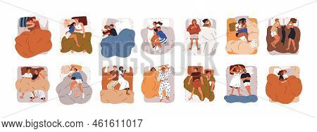 Couples Sleep In Beds Set. Men And Women Asleep, Lying In Different Positions, Poses. People, Wives 