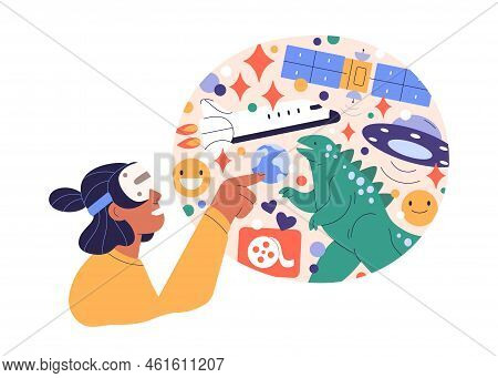 Person In Vr Headset And Virtual Reality Experience. Digital World, Cyberspace Technology Concept. H