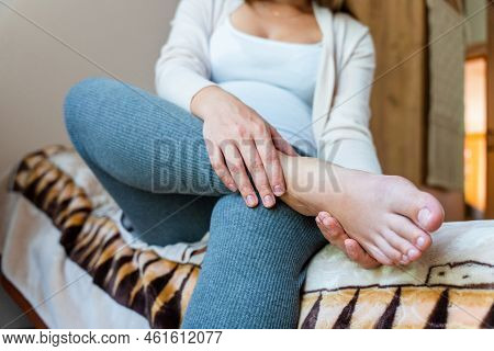 Pregnancy Pain Leg Woman. Pregnant Girl Have Leg Disease, Ankle Pain Doing Health Massage Exercise. 