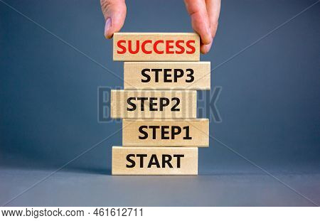 Strat, Step And Success Symbol. Concept Words Start Step 1 2 3 Success On Wooden Blocks On A Beautif