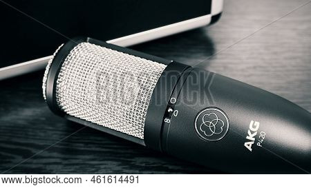 Ryazan, Russia - September 15, 2022: Close-up Of An Akg Condenser Microphone. Akg Acoustics Is An Ac