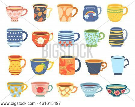 Cartoon Cups. Vintage English Teacup, Coffee Cup And Kitchen Mug. Tea Ceremony Vector Illustration S