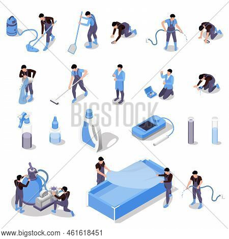 Swimming Pool Maintenance Service Isometric Set With Isolated Icons Of Detergents Tools And Characte