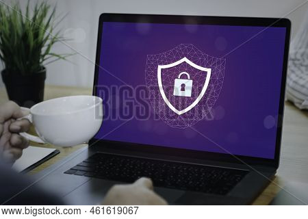 Laptop Computer With Data Protection, Cyber Security, Information Safety And Encryption Concept. Int