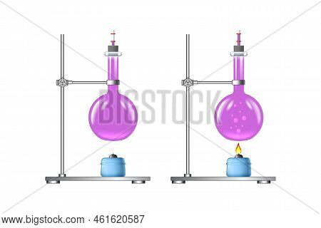 Tripods With Laboratory Flasks And A Glass Alcohol Spirit Burners. A Set For Chemical Experiments Wi