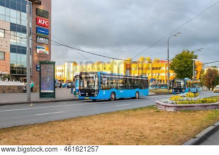 Moscow. Russia. September 16, 2022. Modern Blue Bus On A Moscow Street. Regular Public Transport In 