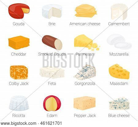 Cheese Flat Icon Set With Gouda Brie American Cheese Camembert Cheddar Smocked Gouda Parmesan Mozare
