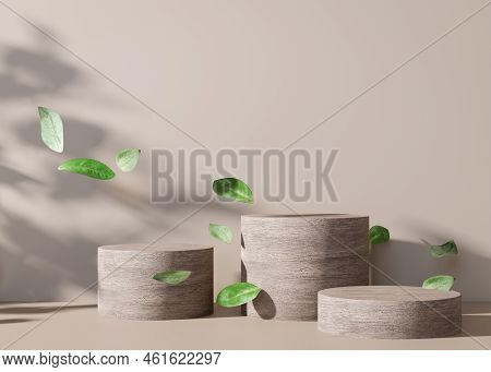 Wooden Round Podiums Set With Leaves, Flying In The Air, On Brown Background. Natural Podiums For Pr