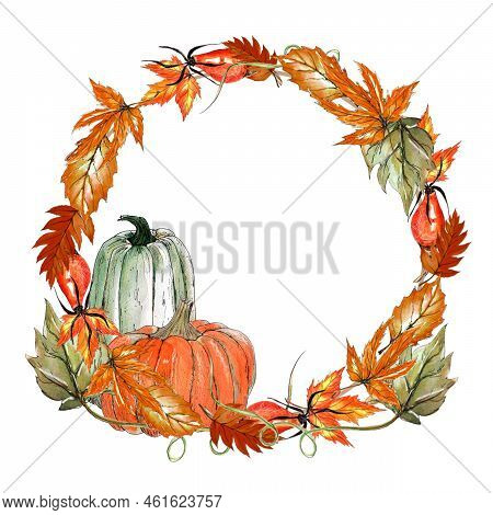 Watercolor Fall Wreath, Autumn Frame With Leawes And Berries, Isolated On White Background
