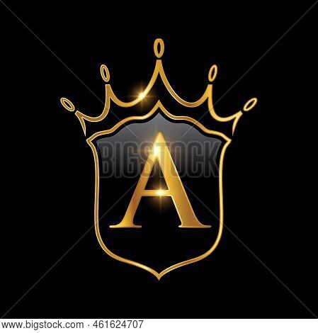 Golden Luxury Heraldic Crown And Shield Vector Icon In Black Background With Gold Shine Effect Monog