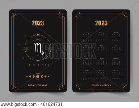 Zodiac Scorpio Calendar 2023. Pocket Size. Front And Back Sides. Week Starts On Sunday. Astrological