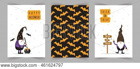 Set Of Halloween Greeting Cards. Cute Scandinavian Gnomes. Spooky Night Party Invitation, Poster Or 