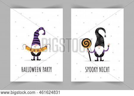 Set Of Halloween Greeting Cards. Cute Scandinavian Gnomes. Spooky Night Party Invitation, Poster Or 