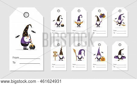 Set Of Halloween Sale Tags With Cute Scandinavian Gnomes. Spooky Night Discount. Vector Illustration