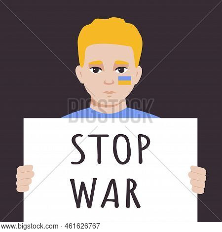 Boy Hold Banner. Child Protest Against War. Stop War Script. Blond Boy With Ukraine Blue Yellow Flag