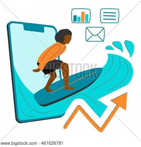 Young Black Man Surfing On Wave Graphs From Smratphone. Trend Marks, Arrow, Mail, Diagram, Message I
