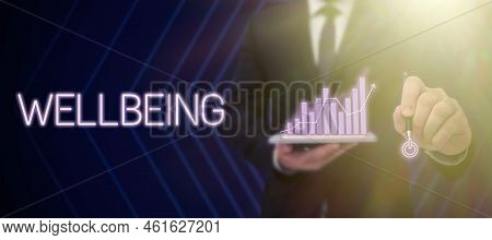 Text Sign Showing Wellbeing. Internet Concept A Good Or Satisfactory Condition Of Existence Includin