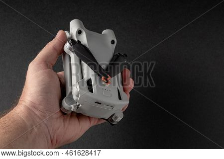 Antalya, Turkey - September 15, 2022: Mini 3 Pro Drone Of Dji Brand With Vertical Camera On Dark Bac