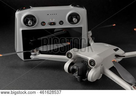 Antalya, Turkey - September 15, 2022: Mini 3 Pro Drone Of Dji Brand With Vertical Camera On Dark Bac