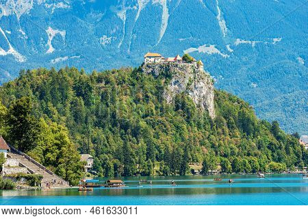 Medieval Bled Castle (blejski Grad), Xi Century, Coast Of Lake Bled (blejsko Jezero) On A Sunny Summ