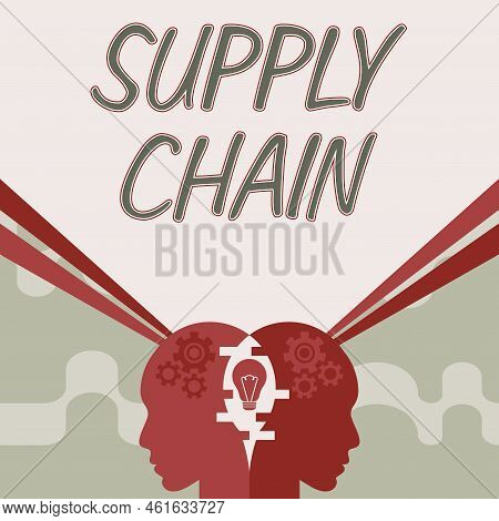 Hand Writing Sign Supply Chain. Word Written On System Of Organization And Processes From Supplier T