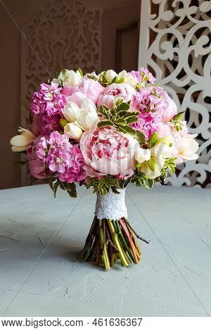 Wedding Bouquet With Pink Peonies, White Freesia, Pink Matthiola Gillyflower And Pittosporum Greener