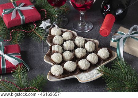 Sweet Coconut Rafaello Candies Served In Plate As Christmas Tree On Dark Gray Background