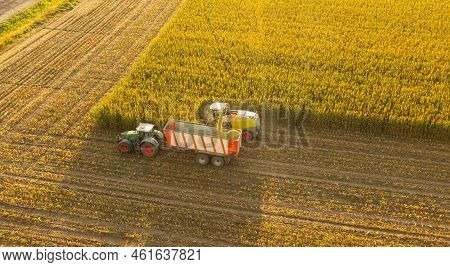 Hamburg, Germany - September 07, 2022: Fendt Vario Tractor With Silagewagon And Claas Maize Chopper 