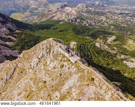 Montenegro. Lovcen National Park. Mausoleum Of Negosh On Mount Lovcen. Drone. Aerial View. Viewpoint