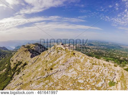 Montenegro. Lovcen National Park. Mausoleum Of Negosh On Mount Lovcen. Drone. Aerial View. Viewpoint