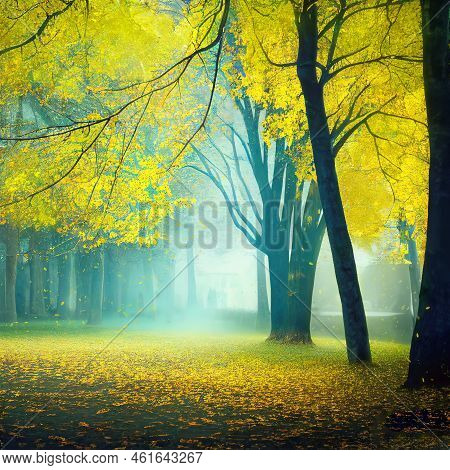 Cold Misty Morning In Autumn Park, Yellow Trees, Falling Leaves, Square Format. Digital Illustration