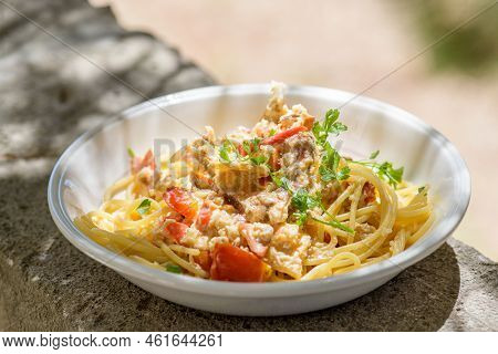 Fresh Cooked Spaghetti With Edible Brown Sea Crab Also Known As Cancer Pagurus By Mediterranean Sea 