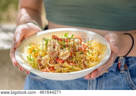 Fresh Cooked Spaghetti With Edible Brown Sea Crab Also Known As Cancer Pagurus By Mediterranean Sea 