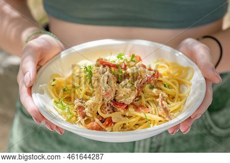 Fresh Cooked Spaghetti With Edible Brown Sea Crab Also Known As Cancer Pagurus By Mediterranean Sea 