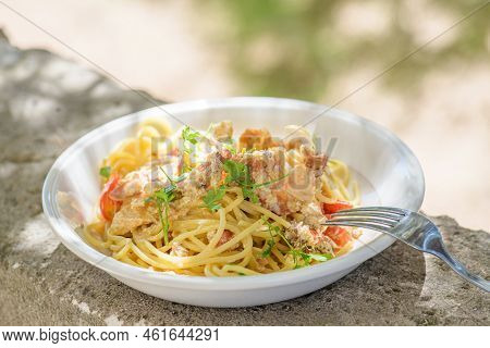 Fresh Cooked Spaghetti With Edible Brown Sea Crab Also Known As Cancer Pagurus By Mediterranean Sea 