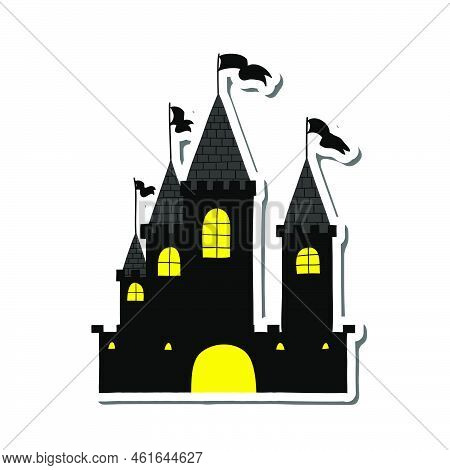 Halloween Black Castle With Yellow Windows Sticker With Shadow. Vector Illustration.