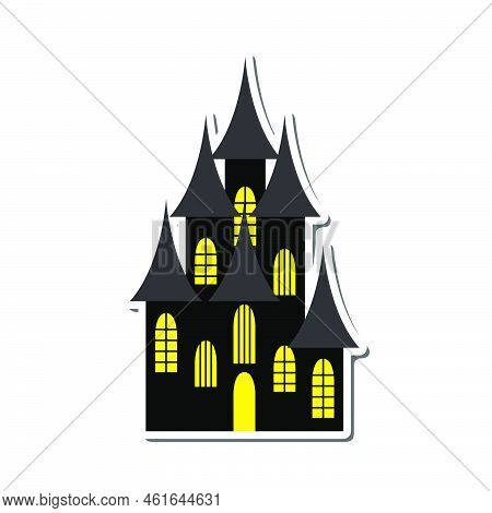 Halloween Black Castle With Yellow Windows Sticker With Shadow. Vector Illustration.