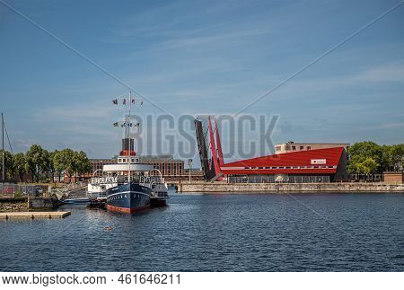 Europe, France, Dunkerque - July 9, 2022: In Dock Port Du Bassin De La Marine, Blue White Princess E