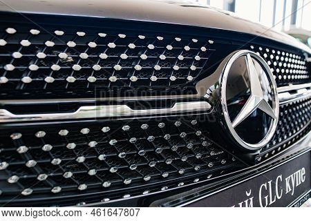 Grid Radiator And Logo. A Black Mercedes Glc Car. Luxury Cars.