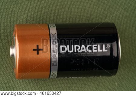 Moscow, Russia-september 15, 2022: Large Round Duracell Battery Closeup