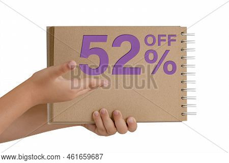 52 Percent Discount On Isolate. Notepad From Recycled Paper In The Hands Of A Child With Text, Sale 