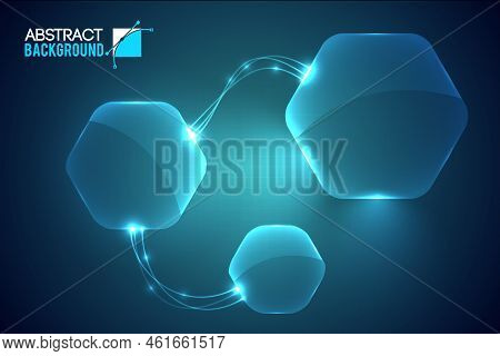 Abstract Background With Three Empty Polygonal Hexagon Images Of Different Size Connected With Lumin