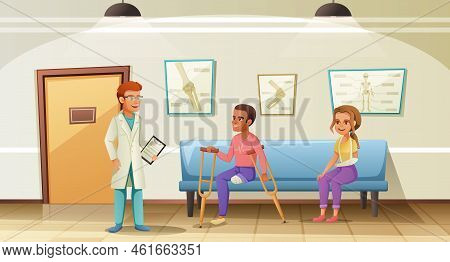 People Man With Amputated Leg And Woman With Broken Arm In Waiting Room With Doctor Cartoon Vector I