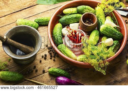 Raw Cucumbers And Ingredients For Cooking Pickled Cucumbers