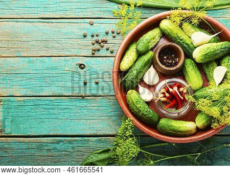 Fresh Cucumbers And Ingredients For Cooking Pickled,space For Text